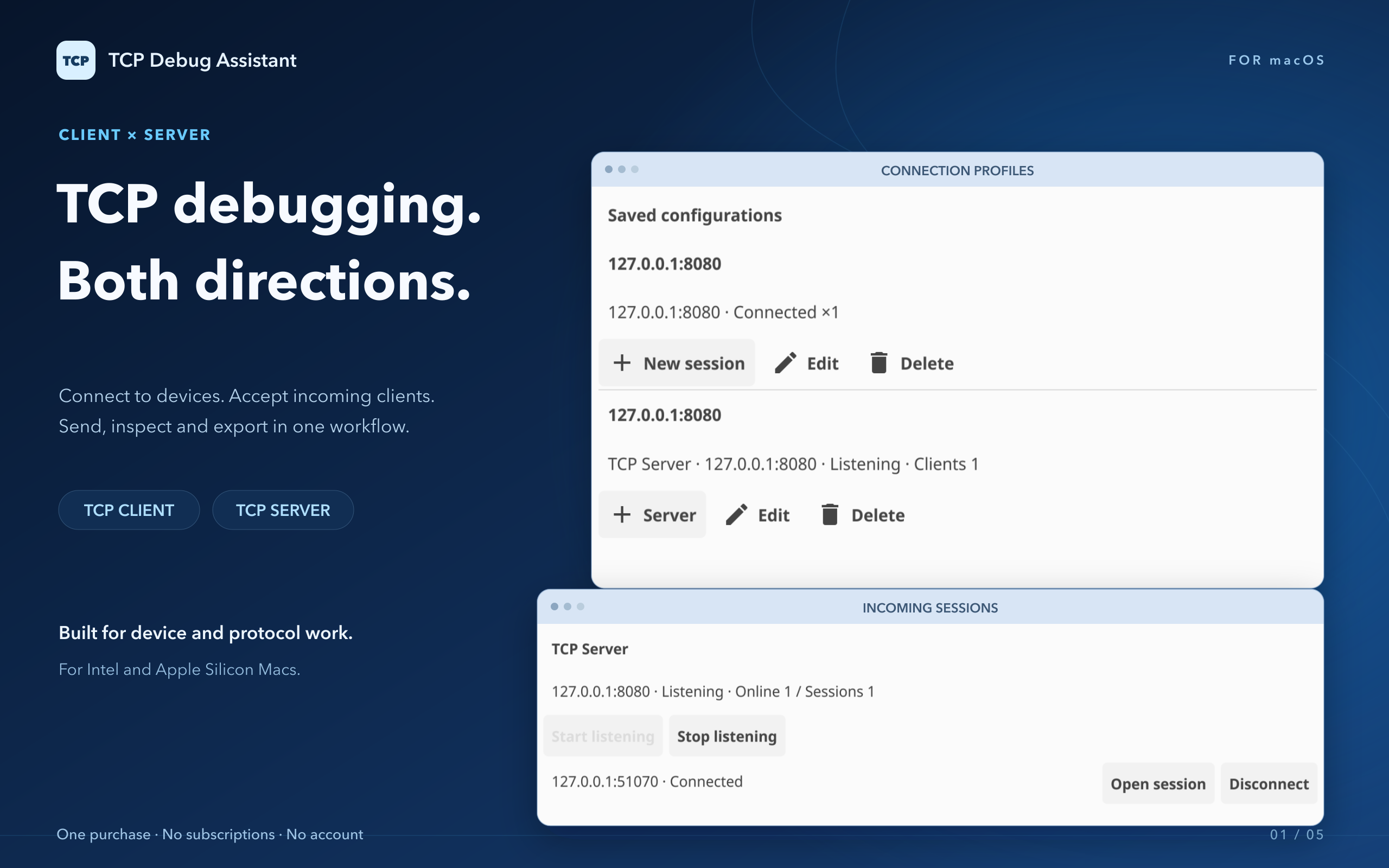 TCP Debug Assistant client and server connection manager, captured on macOS