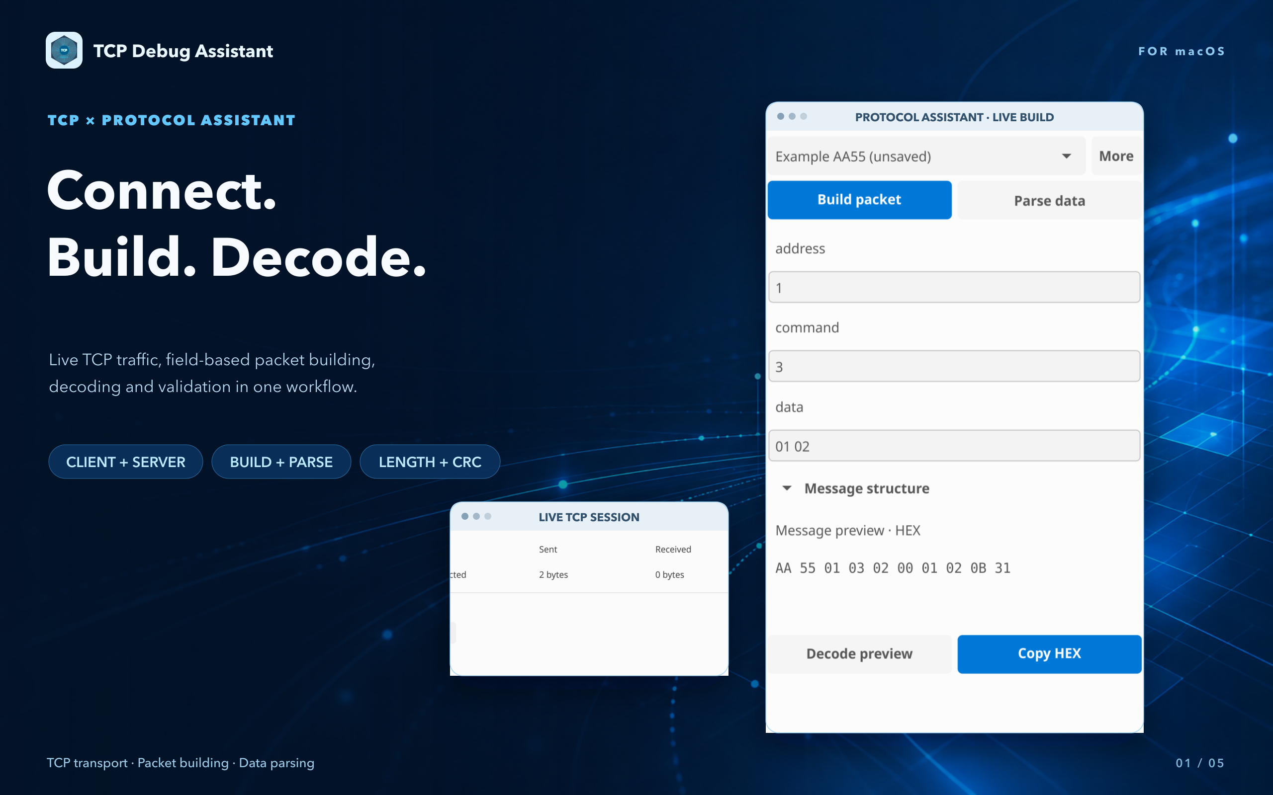 The protocol assistant building a HEX packet from fields on macOS